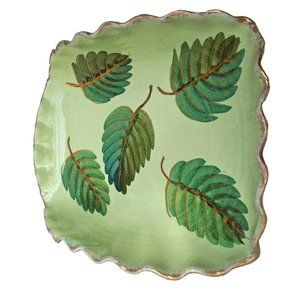 Dish Made in Italy Green Signed Raised Sides Hand Painted Leaves Ceramic